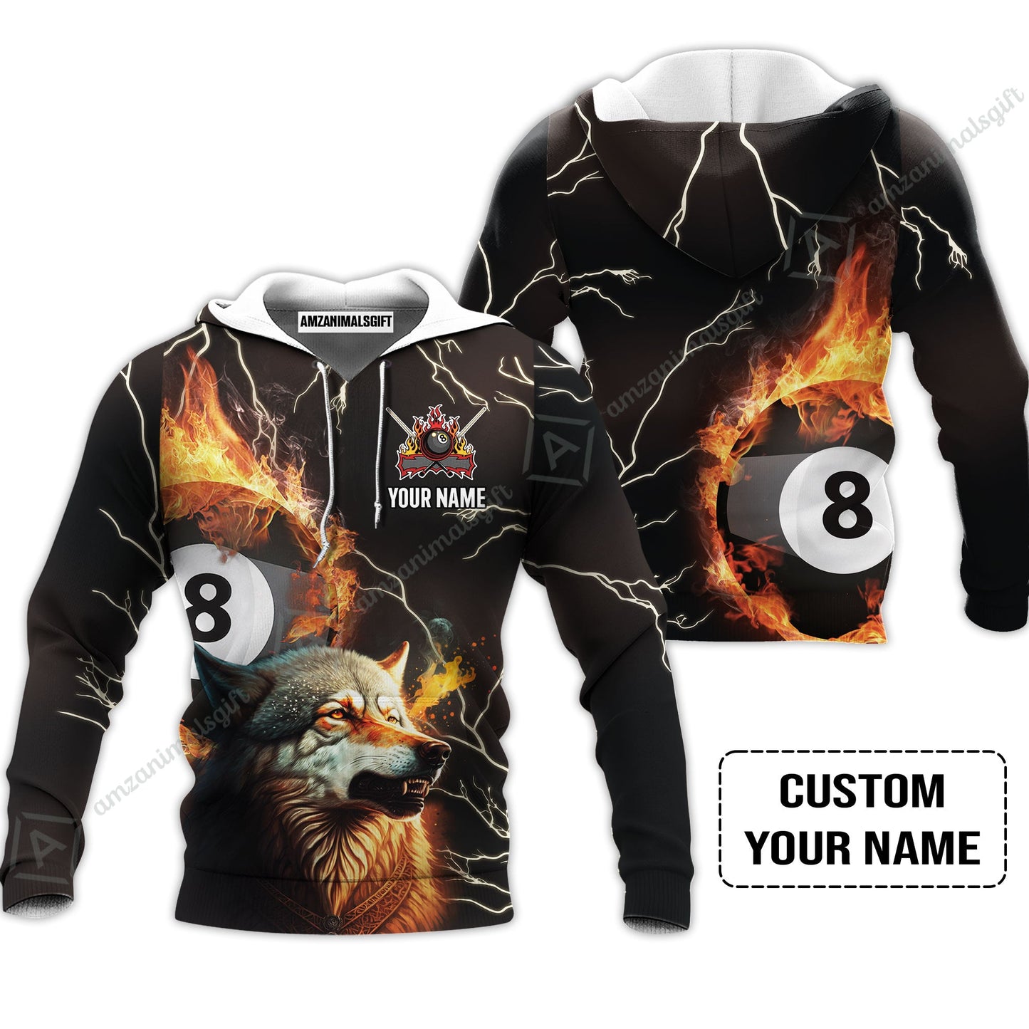 Custom Billiard Men Long Polo Shirt - Wolf On Fire Billiard Pool 8 Balls Personalized Name, Perfect Billiard Long Polo Shirt