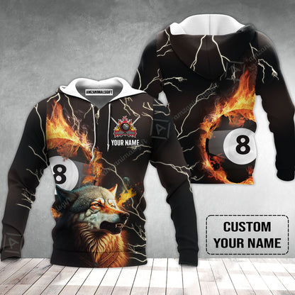 Custom Billiard Hoodie - Wolf On Fire Billiard Pool 8 Balls Personalized Name, Perfect Billiard Hoodie