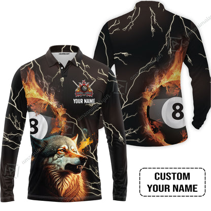 Custom Billiard Men Polo Shirt - Wolf On Fire Billiard Pool 8 Balls Personalized Name, Perfect Billiard Polo Shirt