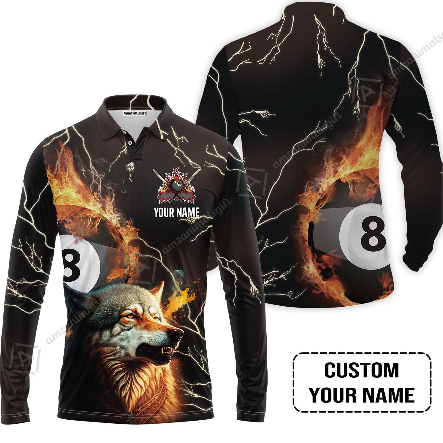 Custom Billiard Women Polo Shirt - Wolf On Fire Billiard Pool 8 Balls Personalized Name, Perfect Billiard Women Polo Shirt