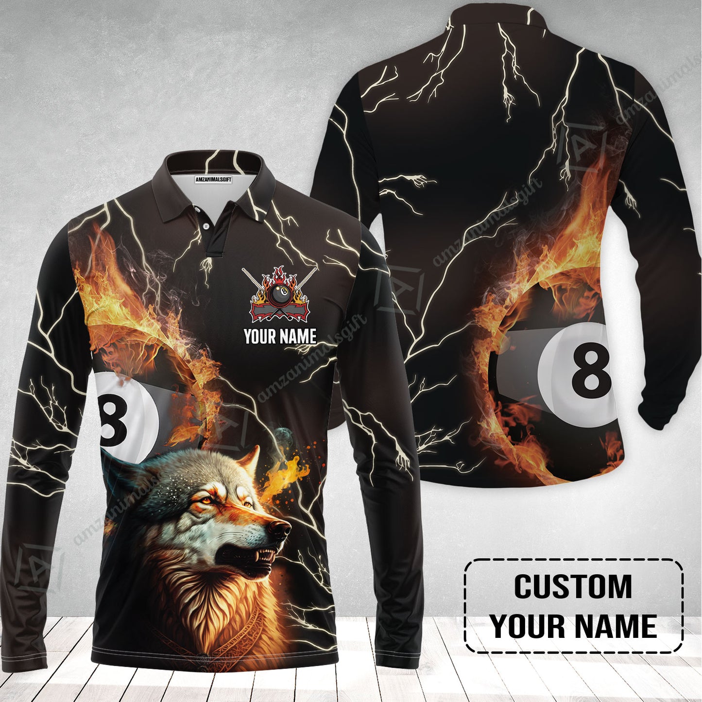 Custom Billiard Men Long Polo Shirt - Wolf On Fire Billiard Pool 8 Balls Personalized Name, Perfect Billiard Long Polo Shirt
