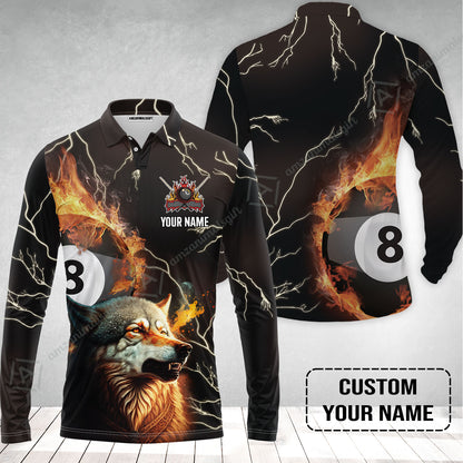 Custom Billiard Men Long Polo Shirt - Wolf On Fire Billiard Pool 8 Balls Personalized Name, Perfect Billiard Long Polo Shirt