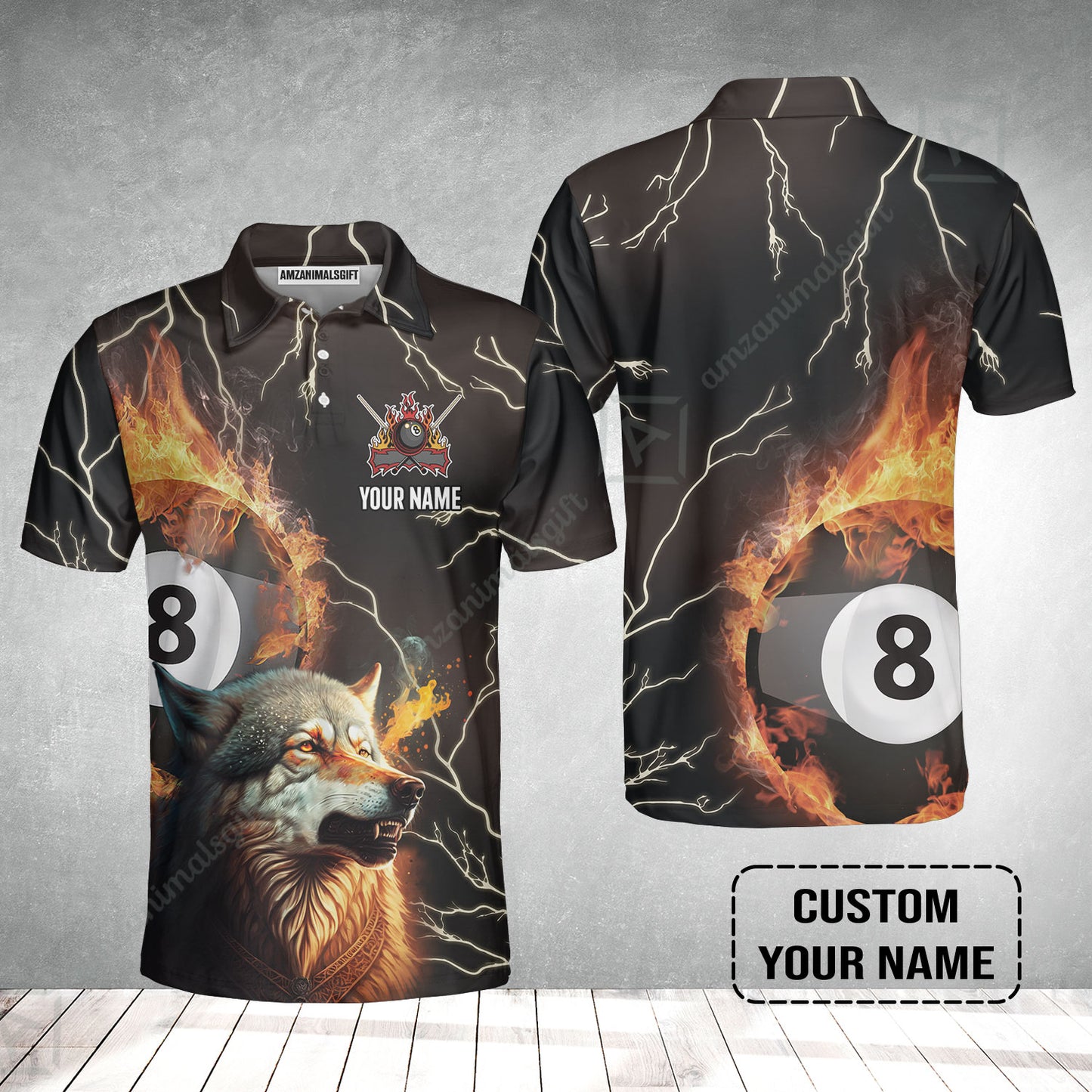 Custom Billiard Men Polo Shirt - Wolf On Fire Billiard Pool 8 Balls Personalized Name, Perfect Billiard Polo Shirt