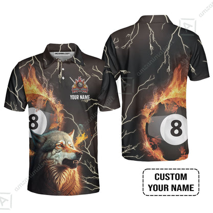 Custom Billiard Men Long Polo Shirt - Wolf On Fire Billiard Pool 8 Balls Personalized Name, Perfect Billiard Long Polo Shirt