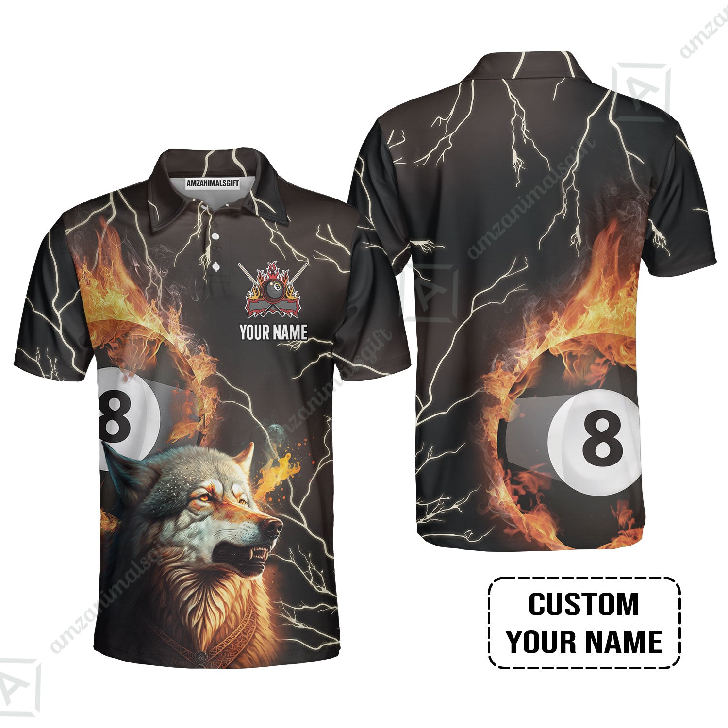 Custom Billiard Men Polo Shirt - Wolf On Fire Billiard Pool 8 Balls Personalized Name, Perfect Billiard Polo Shirt