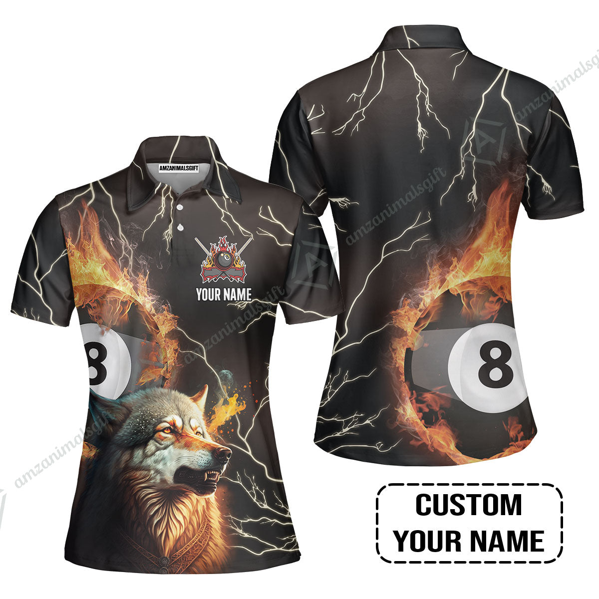 Custom Billiard Women Polo Shirt - Wolf On Fire Billiard Pool 8 Balls Personalized Name, Perfect Billiard Women Polo Shirt