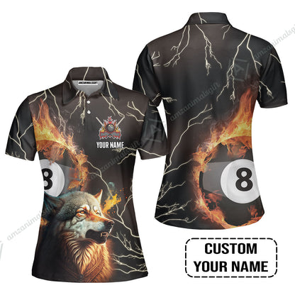 Custom Billiard Women Polo Shirt - Wolf On Fire Billiard Pool 8 Balls Personalized Name, Perfect Billiard Women Polo Shirt