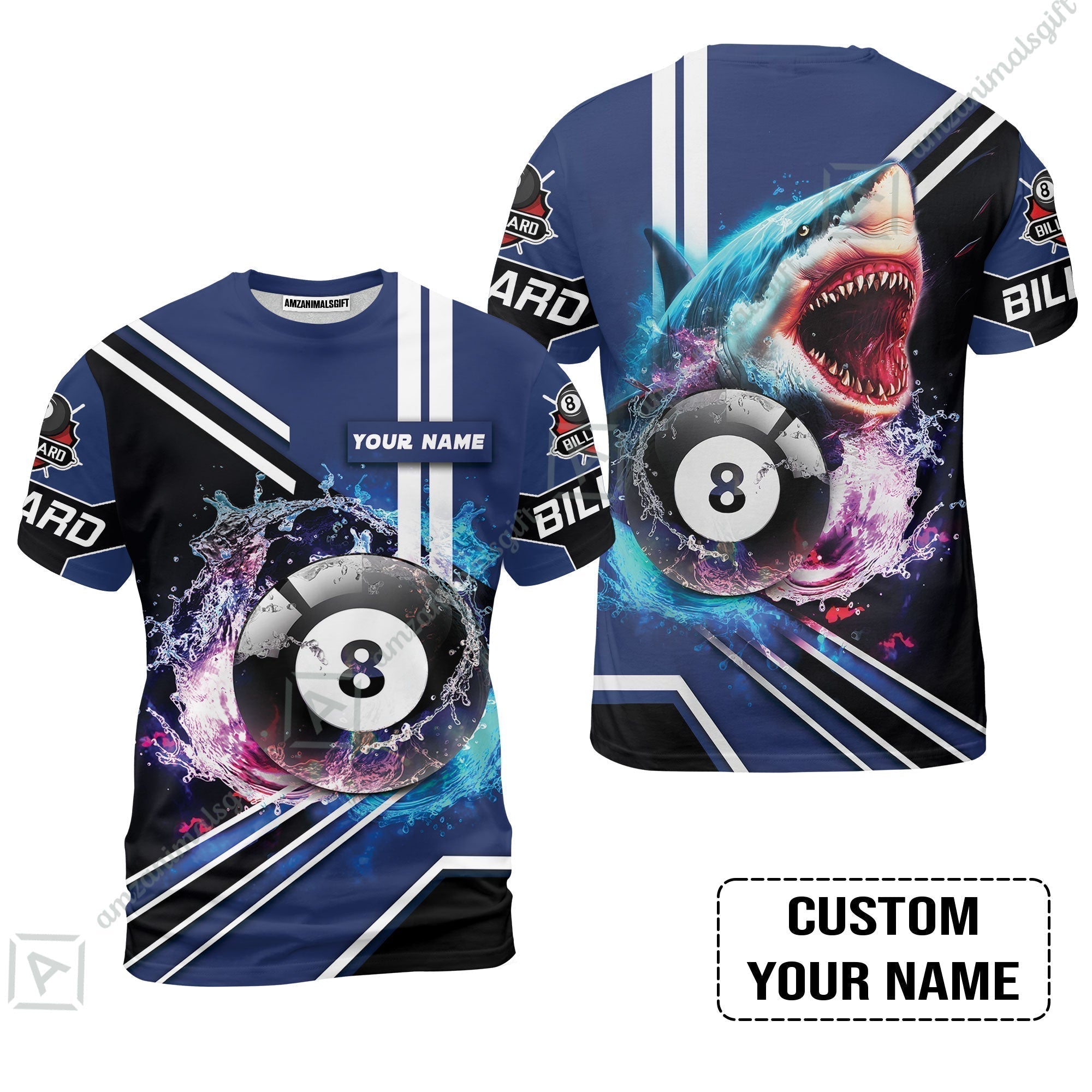 Custom Billiard T-Shirt - Shark Billiard Team Pool 8 Ball Personalized Name T-Shirt