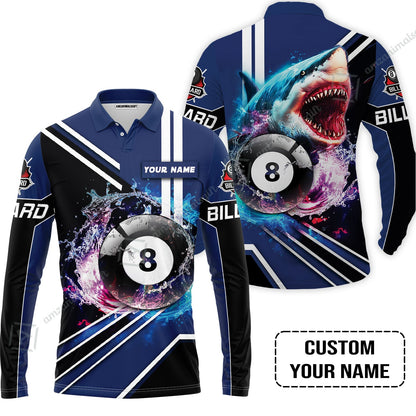 Custom Billiard Men Long Polo Shirt - Shark Billiard Team Pool 8 Ball Personalized Name Long Polo Shirt