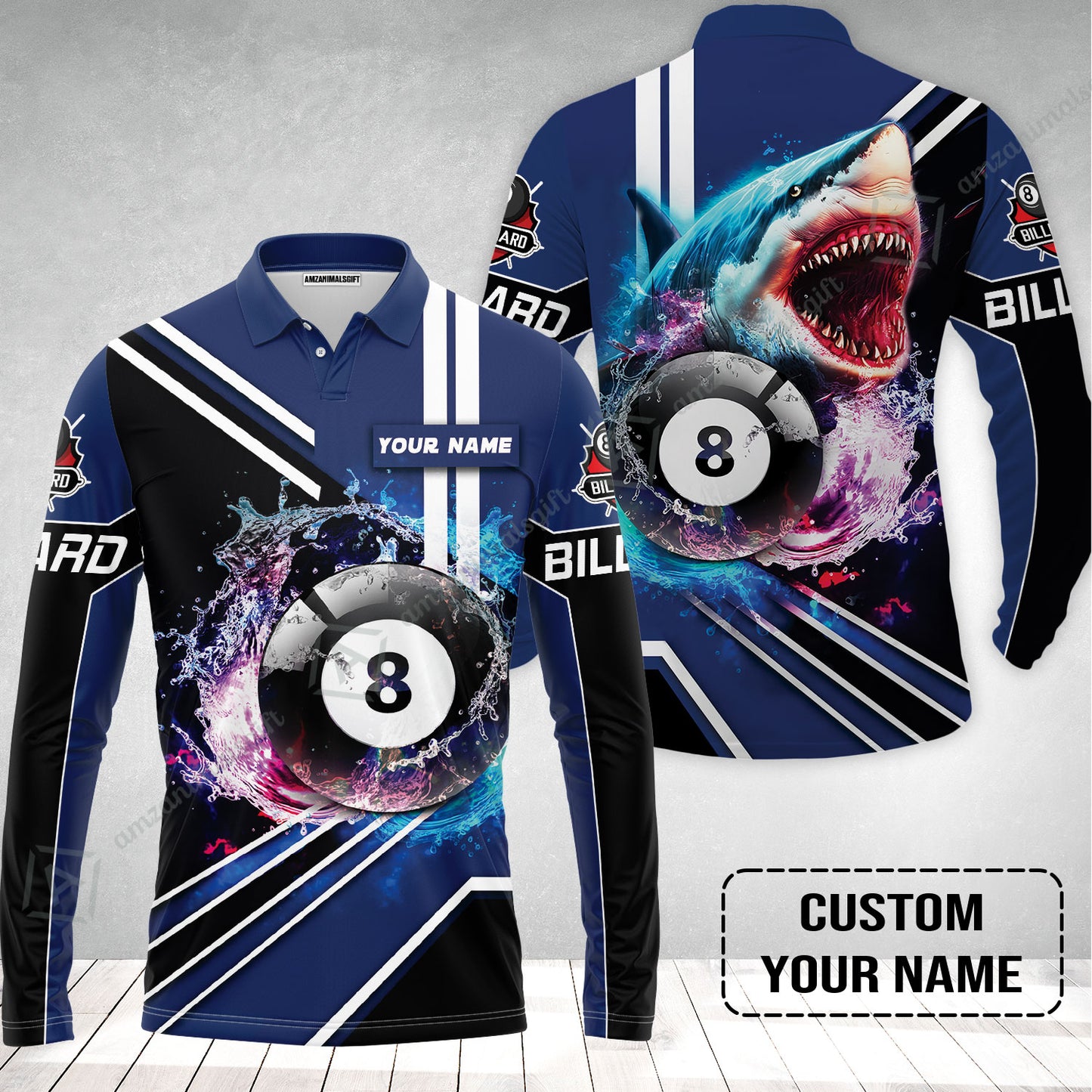 Custom Billiard Men Long Polo Shirt - Shark Billiard Team Pool 8 Ball Personalized Name Long Polo Shirt