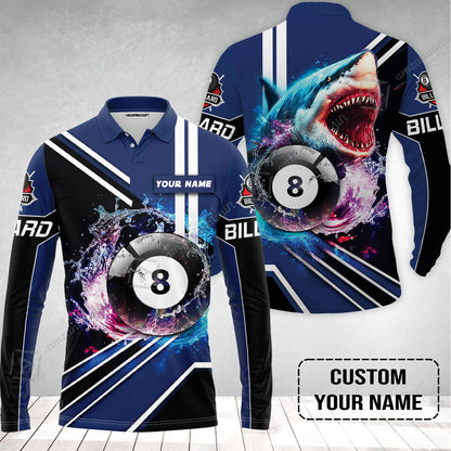 Custom Billiard Men Long Polo Shirt - Shark Billiard Team Pool 8 Ball Personalized Name Long Polo Shirt