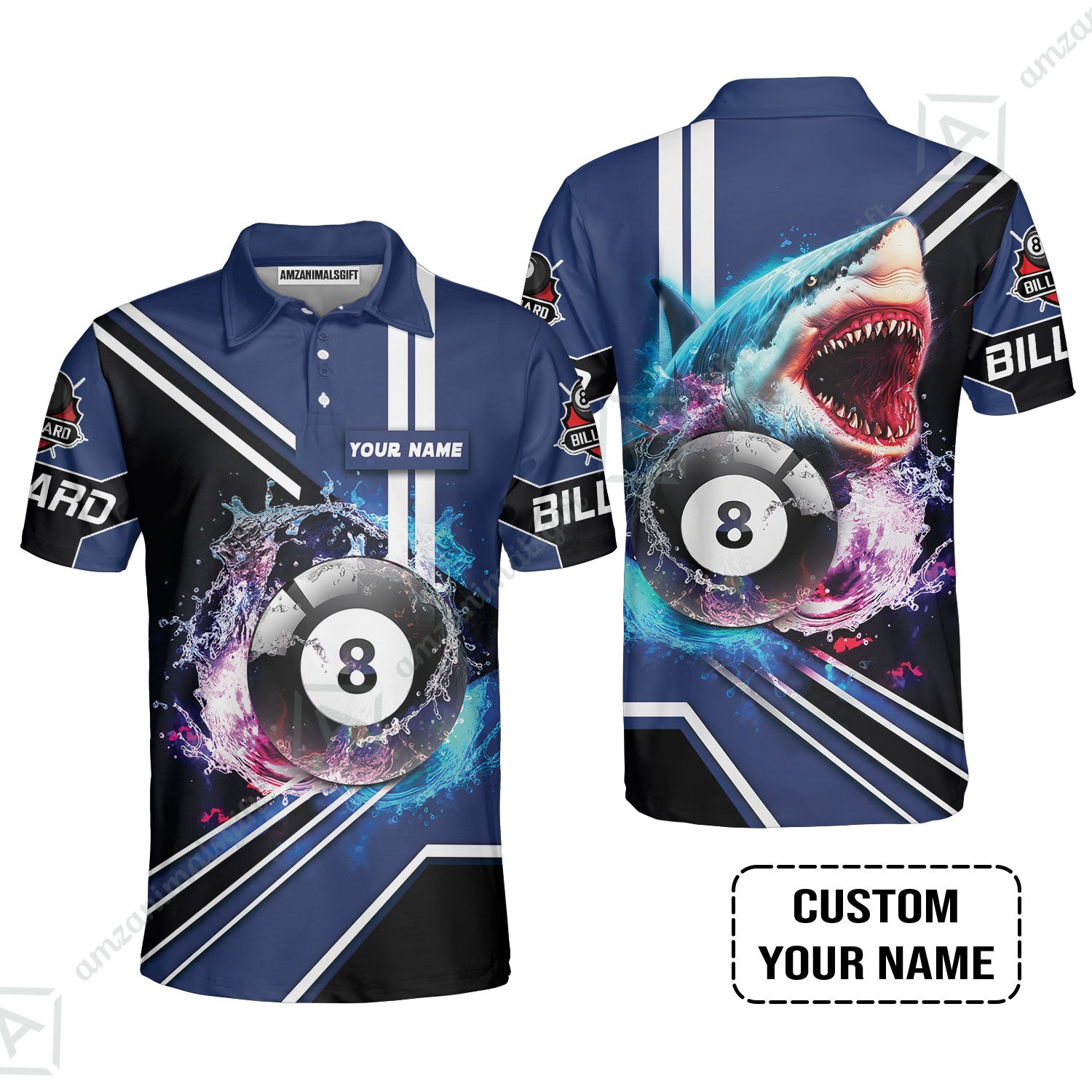 Custom Billiard Men Polo Shirt - Shark Billiard Team Pool 8 Ball Personalized Name Polo Shirt