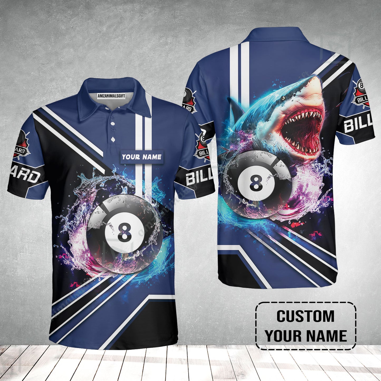 Custom Billiard Men Polo Shirt - Shark Billiard Team Pool 8 Ball Personalized Name Polo Shirt