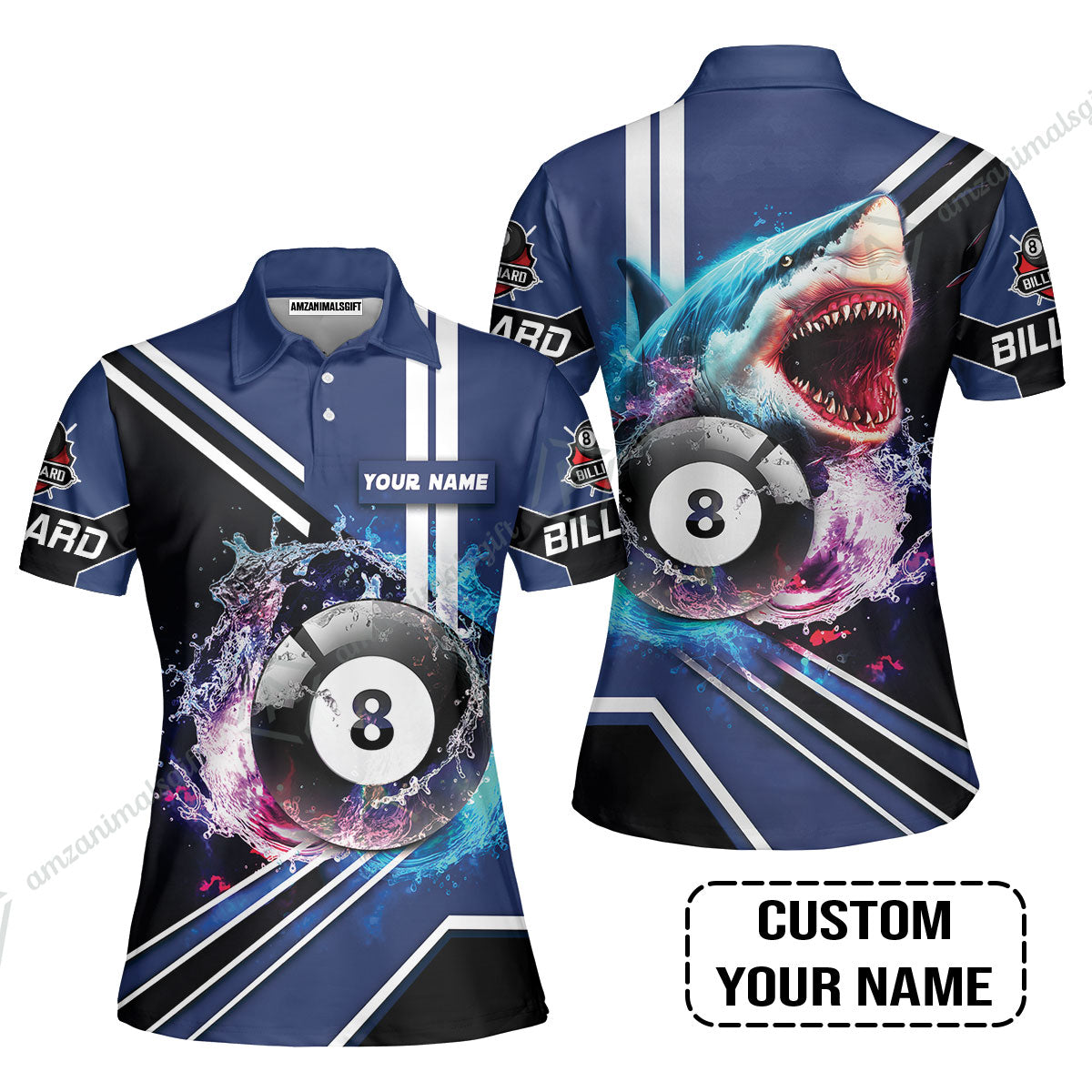 Custom Billiard Men Polo Shirt - Shark Billiard Team Pool 8 Ball Personalized Name Polo Shirt
