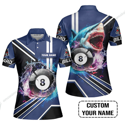 Custom Billiard Women Polo Shirt - Shark Billiard Team Pool 8 Ball Personalized Name Women Polo Shirt