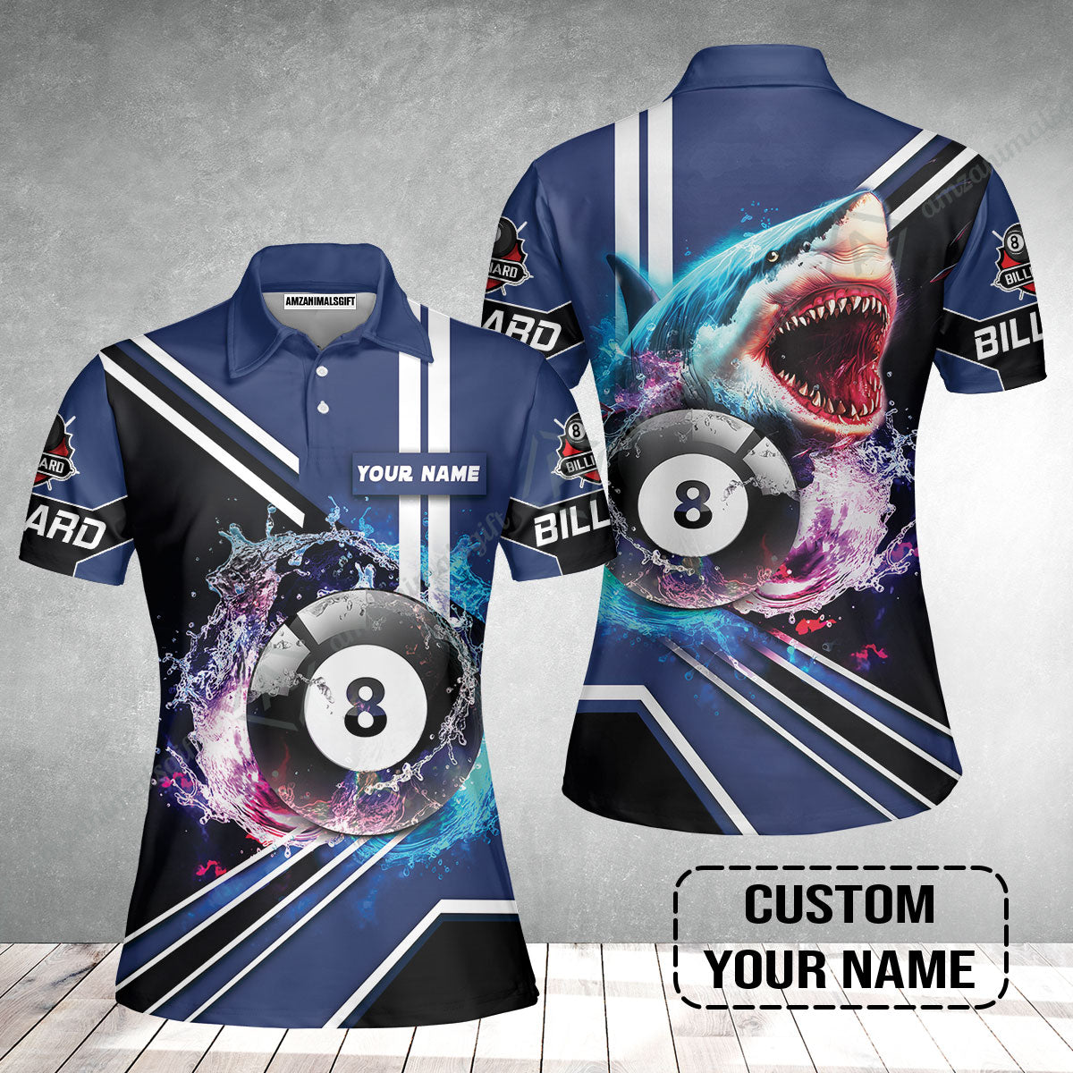 Custom Billiard Women Polo Shirt - Shark Billiard Team Pool 8 Ball Personalized Name Women Polo Shirt