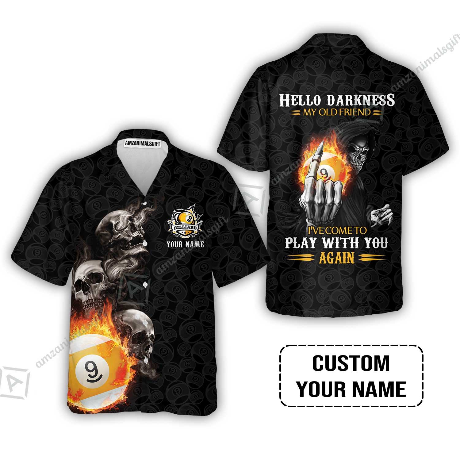 Custom Billiard Hawaiian Shirt - Skull Reaper Billiard Pool 9 Ball Hello Darkness My Old Friend Personalized Name Hawaiian Shirt
