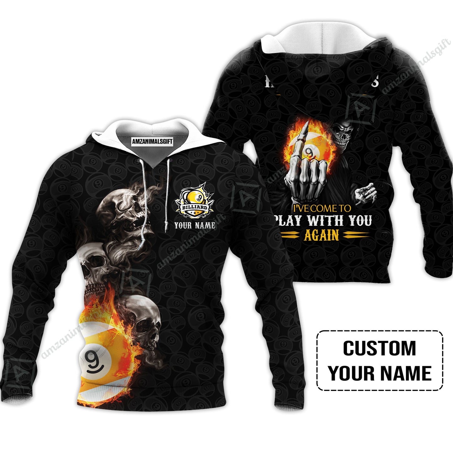 Custom Billiard Men Polo Shirt - Skull Reaper Billiard Pool 9 Ball Hello Darkness My Old Friend Personalized Name Polo Shirt