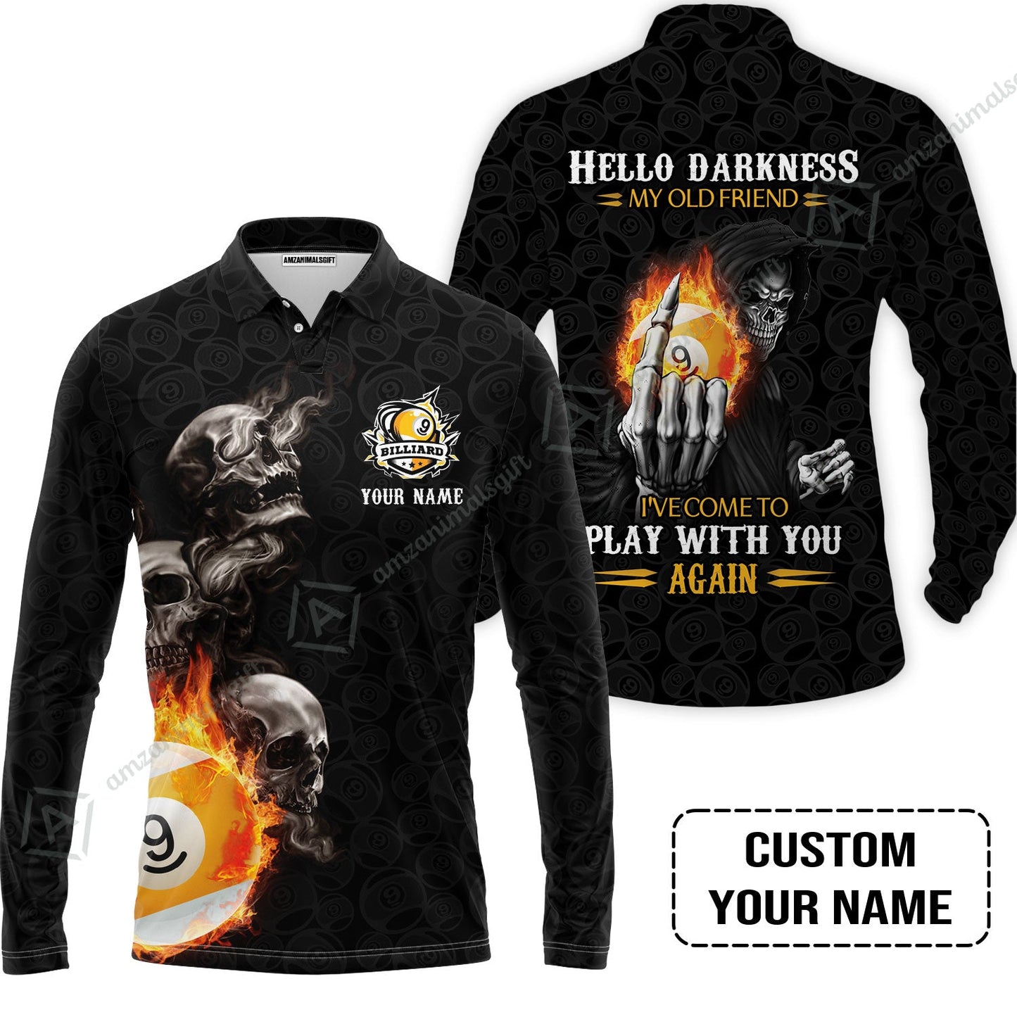 Custom Billiard Long Polo Shirt - Skull Reaper Billiard Pool 9 Ball Hello Darkness My Old Friend Personalized Name Long Polo Shirt
