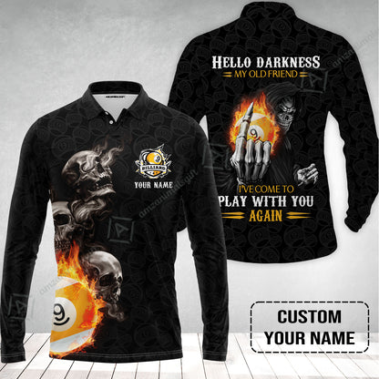 Custom Billiard Long Polo Shirt - Skull Reaper Billiard Pool 9 Ball Hello Darkness My Old Friend Personalized Name Long Polo Shirt