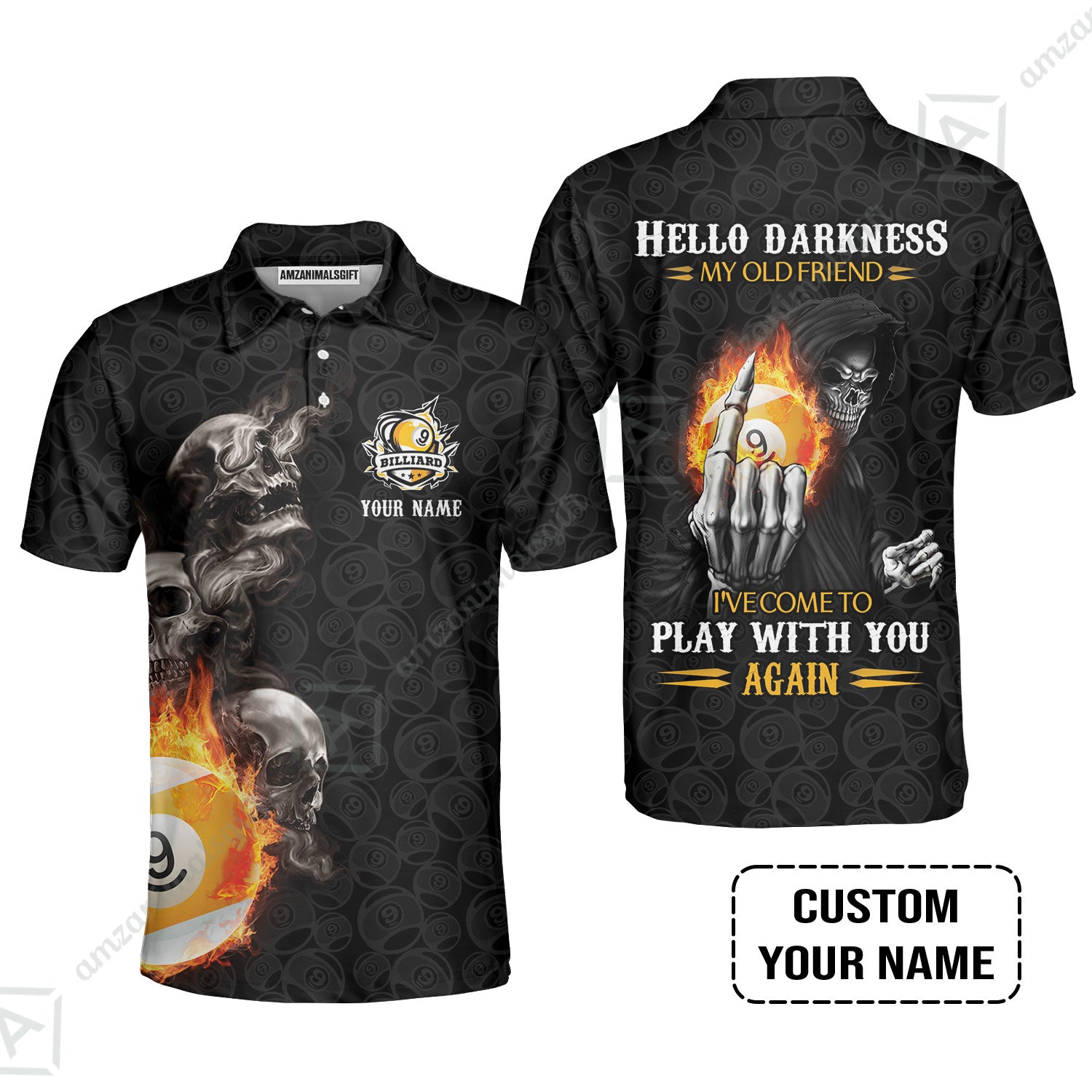 Custom Billiard Men Polo Shirt - Skull Reaper Billiard Pool 9 Ball Hello Darkness My Old Friend Personalized Name Polo Shirt