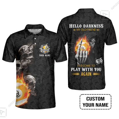 Custom Billiard Long Polo Shirt - Skull Reaper Billiard Pool 9 Ball Hello Darkness My Old Friend Personalized Name Long Polo Shirt