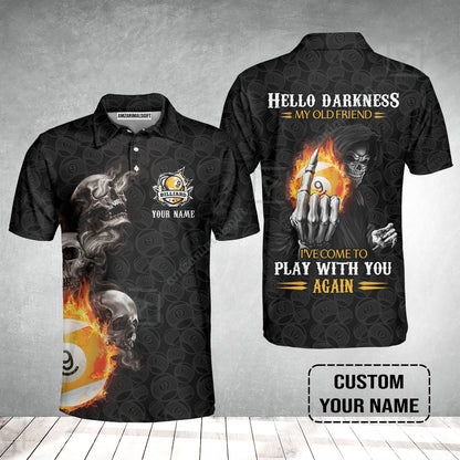 Custom Billiard Men Polo Shirt - Skull Reaper Billiard Pool 9 Ball Hello Darkness My Old Friend Personalized Name Polo Shirt