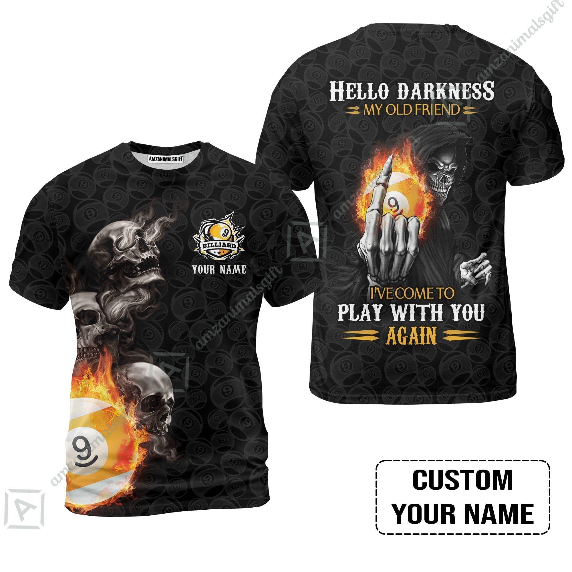 Custom Billiard T-Shirt - Skull Reaper Billiard Pool 9 Ball Hello Darkness My Old Friend Personalized Name T-Shirt