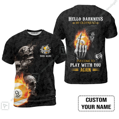 Custom Billiard Long Polo Shirt - Skull Reaper Billiard Pool 9 Ball Hello Darkness My Old Friend Personalized Name Long Polo Shirt