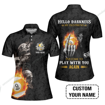Custom Billiard Long Polo Shirt - Skull Reaper Billiard Pool 9 Ball Hello Darkness My Old Friend Personalized Name Long Polo Shirt