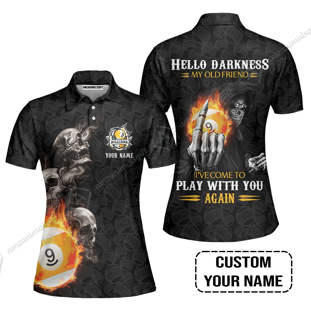Custom Billiard Women Polo Shirt - Skull Reaper Billiard Pool 9 Ball Hello Darkness My Old Friend Personalized Name Women Polo Shirt