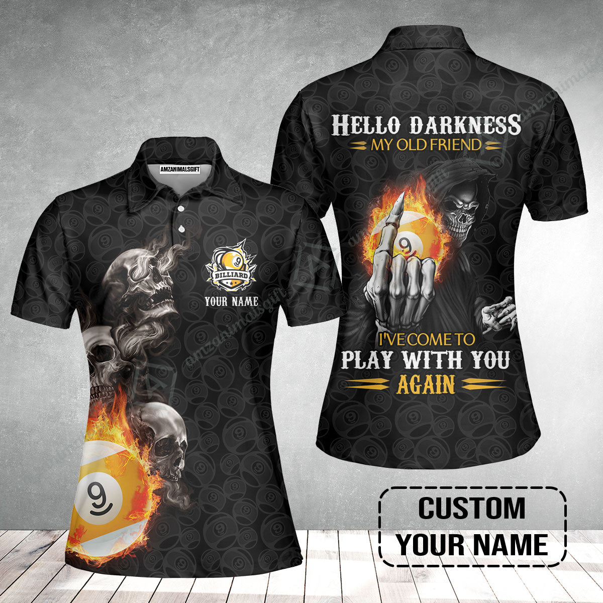 Custom Billiard Women Polo Shirt - Skull Reaper Billiard Pool 9 Ball Hello Darkness My Old Friend Personalized Name Women Polo Shirt