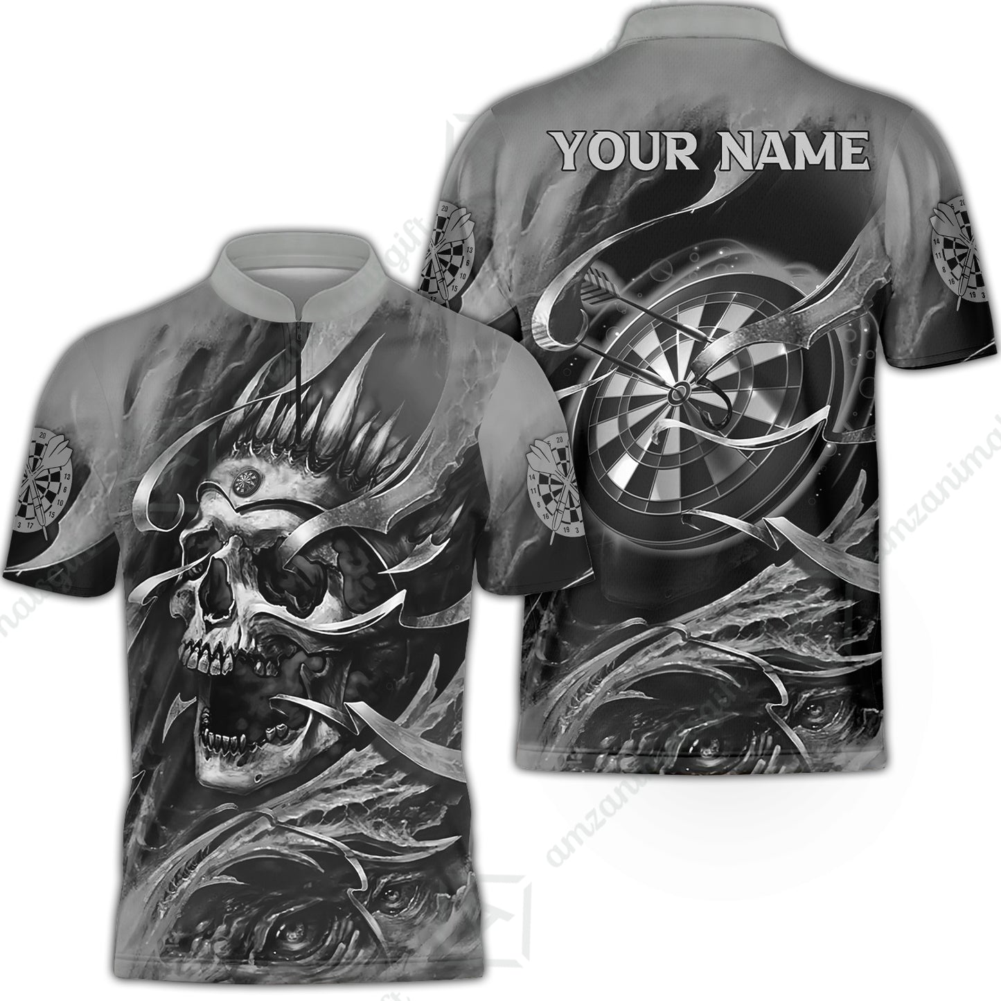 Darts Men Polo Shirt Custom Name - Green Skull Dartboard Personalized Polo Shirt For Men - Gift For Darts Player, Friend, Family