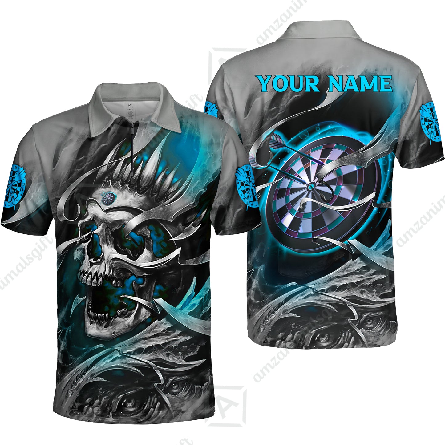 Darts Men Polo Shirt Custom Name - Green Skull Dartboard Personalized Polo Shirt For Men - Gift For Darts Player, Friend, Family