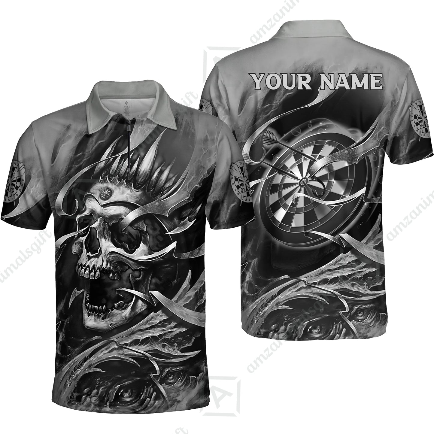 Darts Men Polo Shirt Custom Name - Green Skull Dartboard Personalized Polo Shirt For Men - Gift For Darts Player, Friend, Family