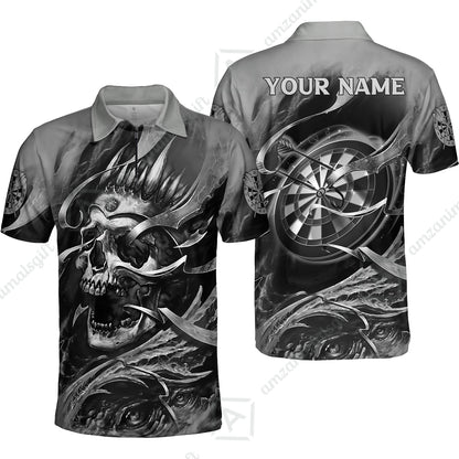 Darts Men Polo Shirt Custom Name - Green Skull Dartboard Personalized Polo Shirt For Men - Gift For Darts Player, Friend, Family