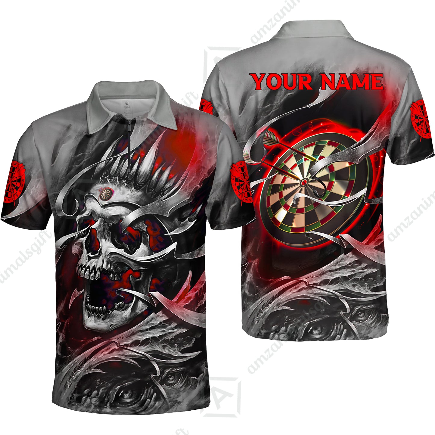 Darts Men Polo Shirt Custom Name - Green Skull Dartboard Personalized Polo Shirt For Men - Gift For Darts Player, Friend, Family