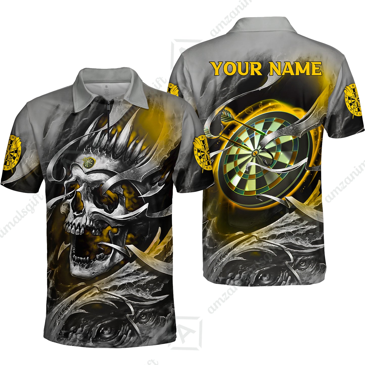 Darts Men Polo Shirt Custom Name - Green Skull Dartboard Personalized Polo Shirt For Men - Gift For Darts Player, Friend, Family