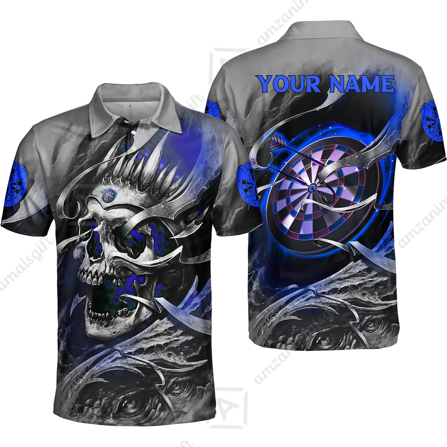 Darts Men Polo Shirt Custom Name - Green Skull Dartboard Personalized Polo Shirt For Men - Gift For Darts Player, Friend, Family