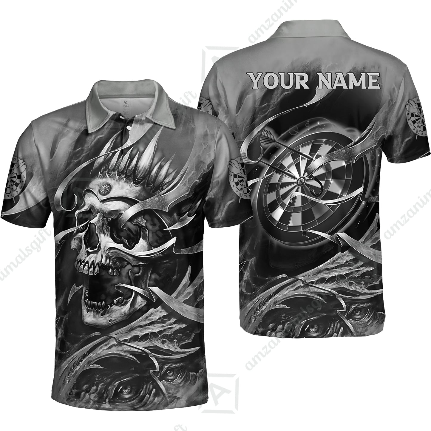 Darts Men Polo Shirt Custom Name - Green Skull Dartboard Personalized Polo Shirt For Men - Gift For Darts Player, Friend, Family