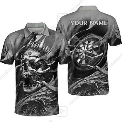 Darts Men Polo Shirt Custom Name - Green Skull Dartboard Personalized Polo Shirt For Men - Gift For Darts Player, Friend, Family