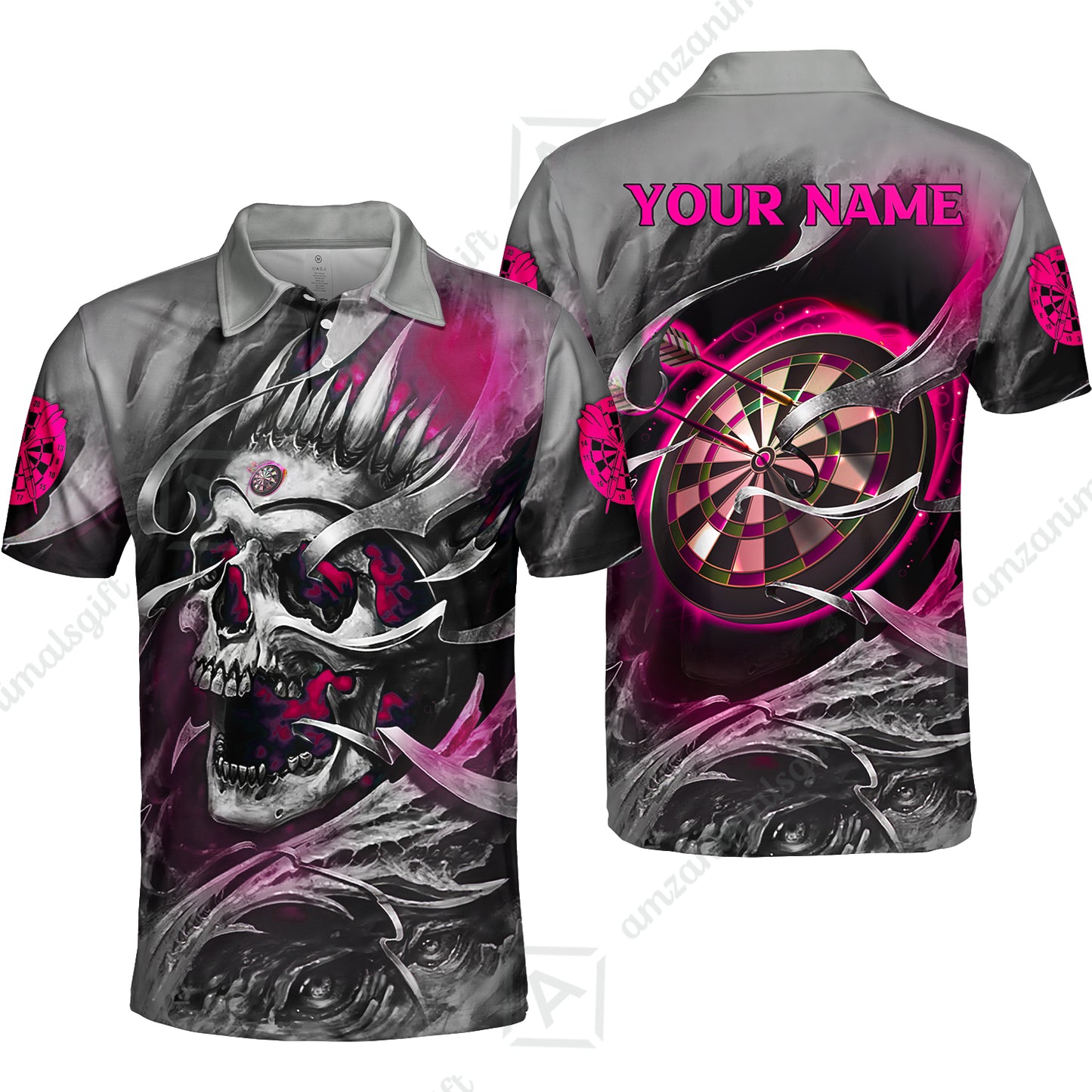 Darts Men Polo Shirt Custom Name - Green Skull Dartboard Personalized Polo Shirt For Men - Gift For Darts Player, Friend, Family