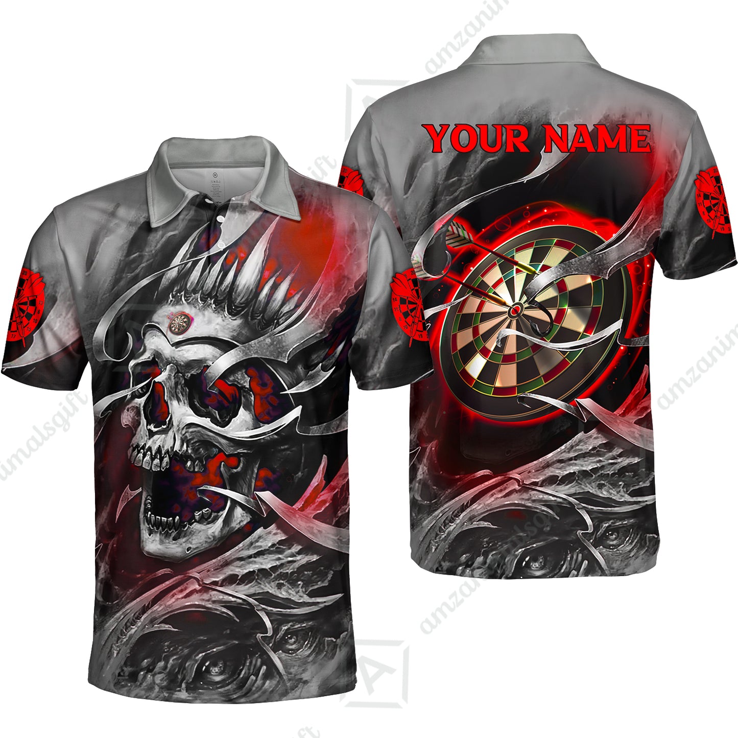 Darts Men Polo Shirt Custom Name - Green Skull Dartboard Personalized Polo Shirt For Men - Gift For Darts Player, Friend, Family