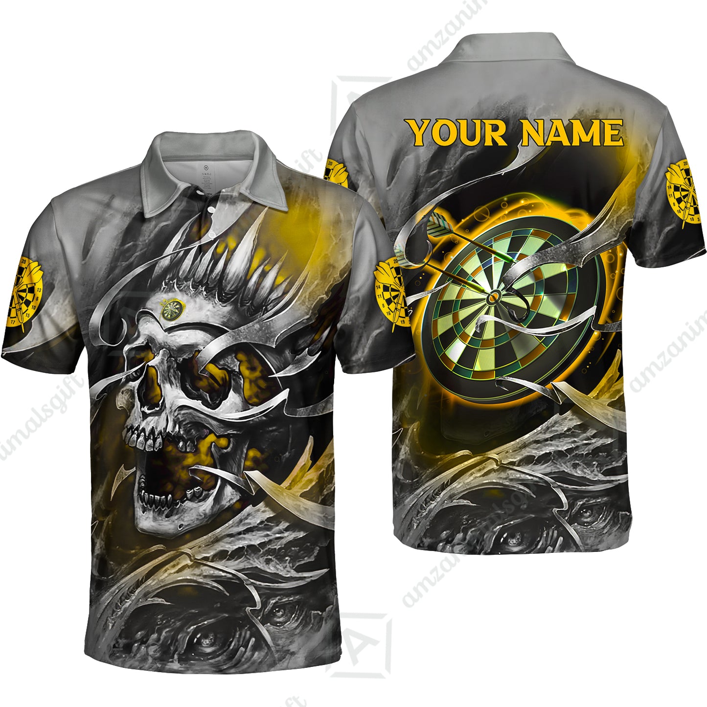 Darts Men Polo Shirt Custom Name - Green Skull Dartboard Personalized Polo Shirt For Men - Gift For Darts Player, Friend, Family