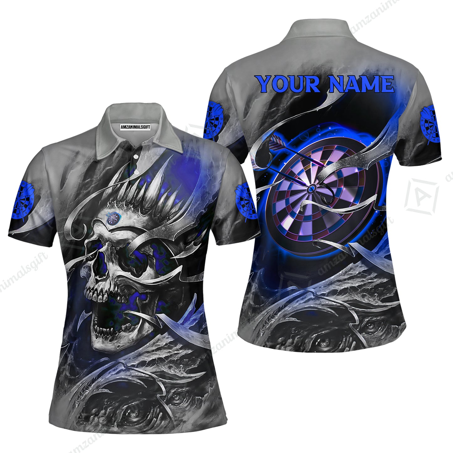Darts Men Polo Shirt Custom Name - Green Skull Dartboard Personalized Polo Shirt For Men - Gift For Darts Player, Friend, Family