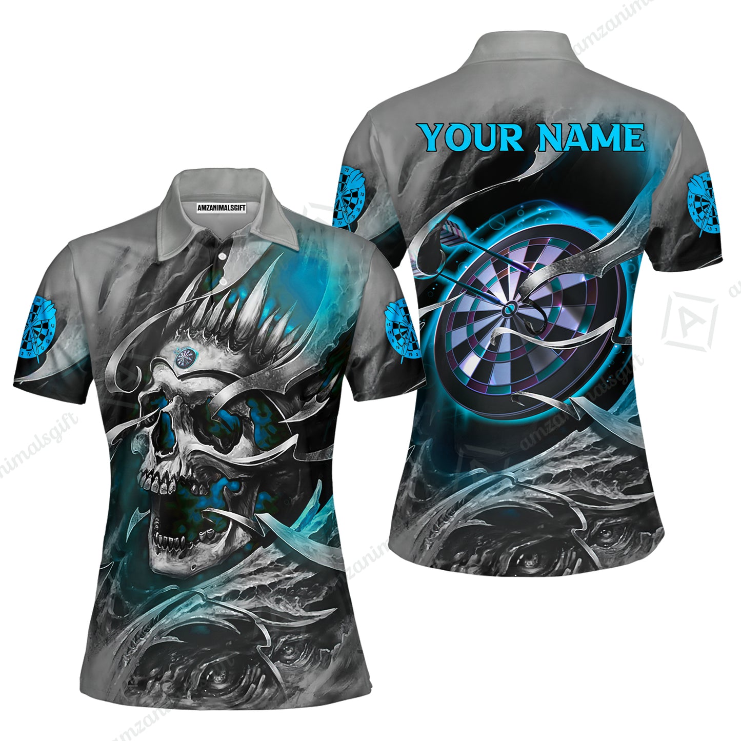 Darts Men Polo Shirt Custom Name - Green Skull Dartboard Personalized Polo Shirt For Men - Gift For Darts Player, Friend, Family