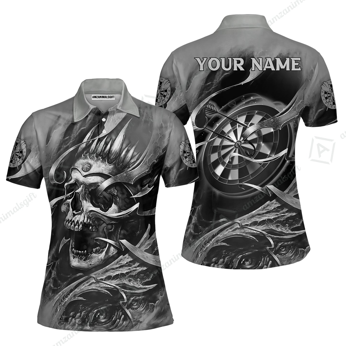 Darts Men Polo Shirt Custom Name - Green Skull Dartboard Personalized Polo Shirt For Men - Gift For Darts Player, Friend, Family