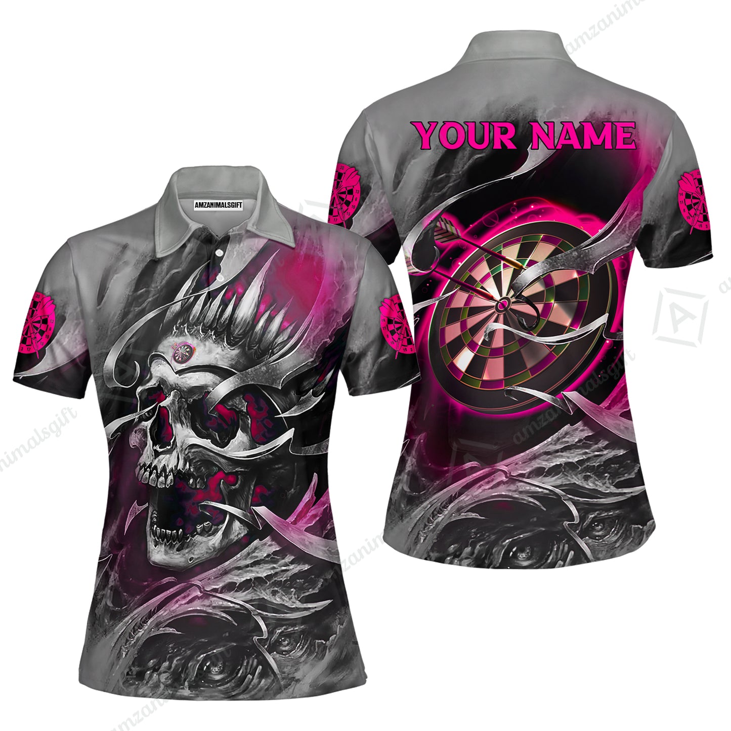 Darts Men Polo Shirt Custom Name - Green Skull Dartboard Personalized Polo Shirt For Men - Gift For Darts Player, Friend, Family
