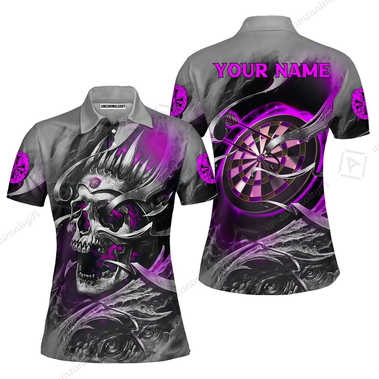 Darts Men Polo Shirt Custom Name - Green Skull Dartboard Personalized Polo Shirt For Men - Gift For Darts Player, Friend, Family