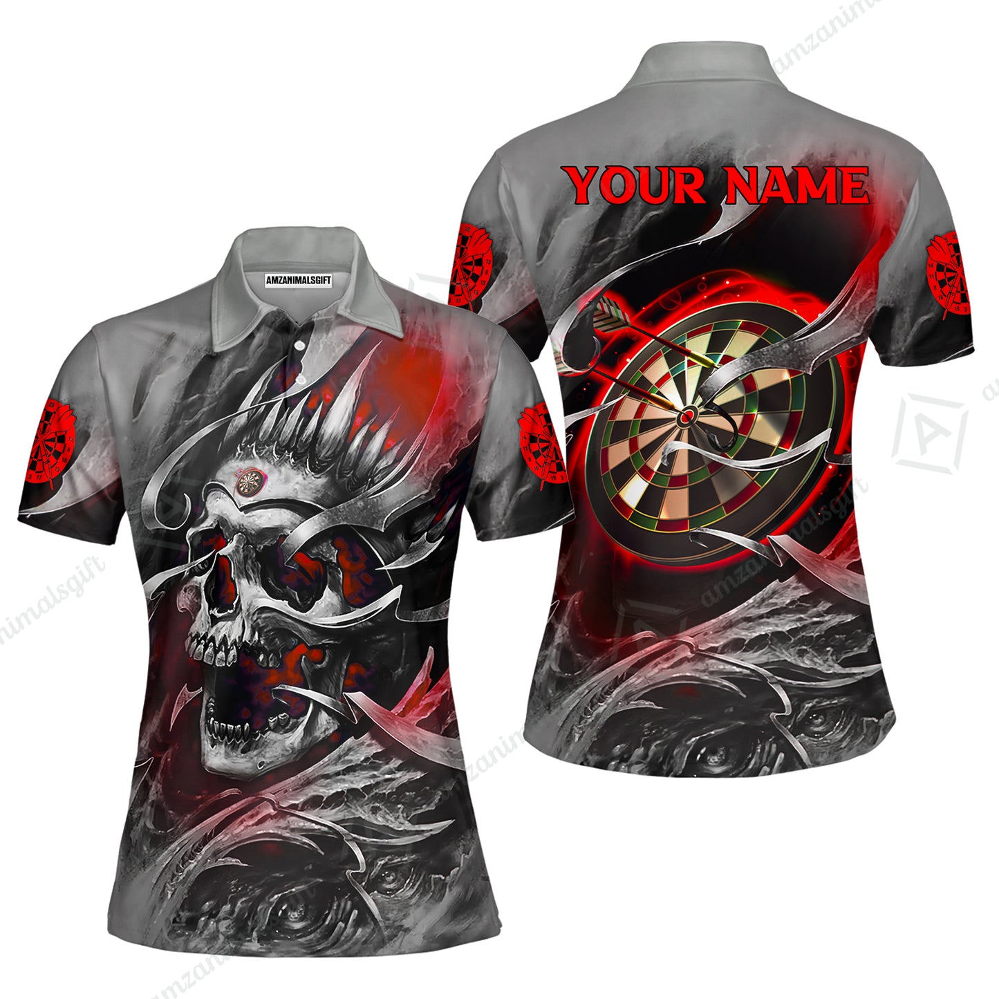 Darts Men Polo Shirt Custom Name - Green Skull Dartboard Personalized Polo Shirt For Men - Gift For Darts Player, Friend, Family